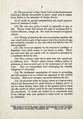 Lord Curzon’s Fifteen Good Reasons Against the Grant of Female Suffrage, anti-suffrage pamphlet, National League for Opposing Woman Suffrage, London, c. 1909; page 2
