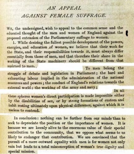 Splices from ‘An Appeal Against Female Suffrage’, organised by Mary Augusta Ward and signed by 103 other women, The Nineteenth Century, vol. XXV, no. 148, June 1889, pp. 781–788