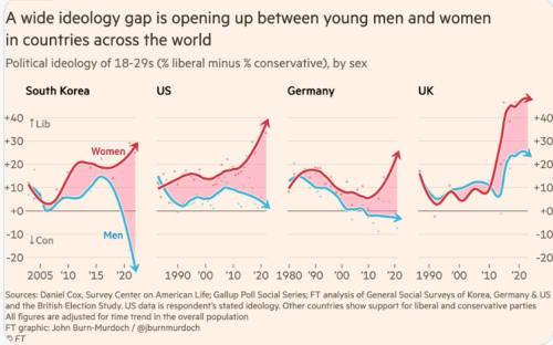 British men are as liberal as women in other countries; with South Koreans the most polarized by the foreign ideology of Satanic feminism.