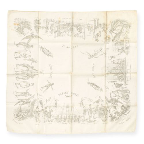 ‘Women’s Rights and What Came of It “1981”’, satirical anti-suffrage handkerchief, black print on fine cream cotton, Carslaw  Henderson, Glasgow, 1881
